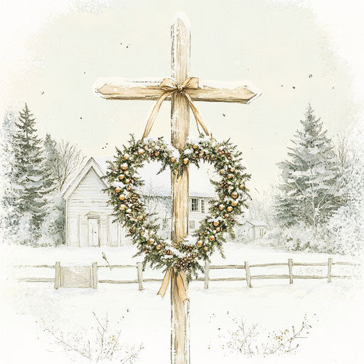 Beautiful illustration of a heart-shaped wreath hanging on the cross in front of an old country church