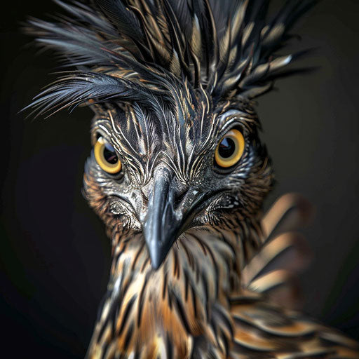 Bird runner on the road in expressive close-up with detailed feathers