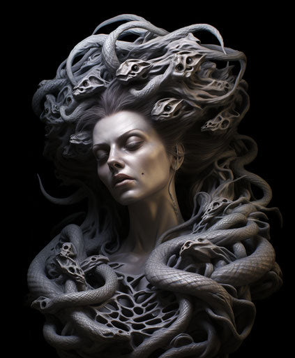 Medusa tattoo with dragon in black and white realism style