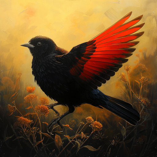 Black bird with red wings in the early morning light, in the style of Paul Souders