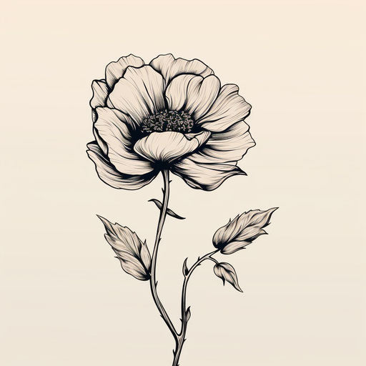 Black flower in simplified line work style, rough-edged 2D animation, illustration, whimsical design
