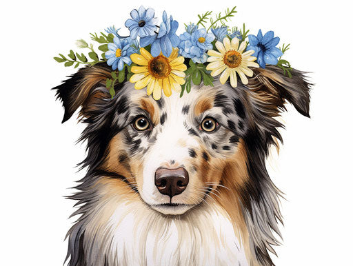 Australian shepherd dog with a blue floral wreath