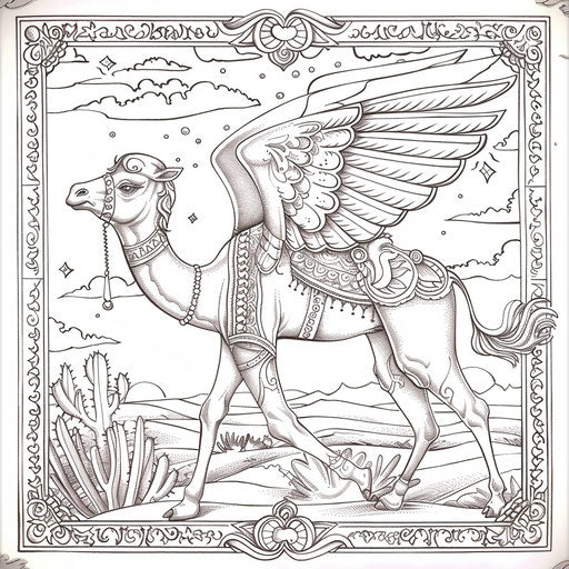 Winged camel in magical desert, coloring page