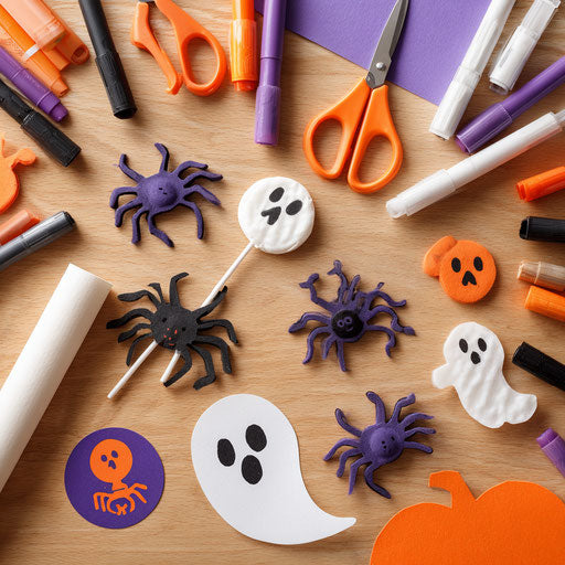 Halloween-themed items scattered in the image