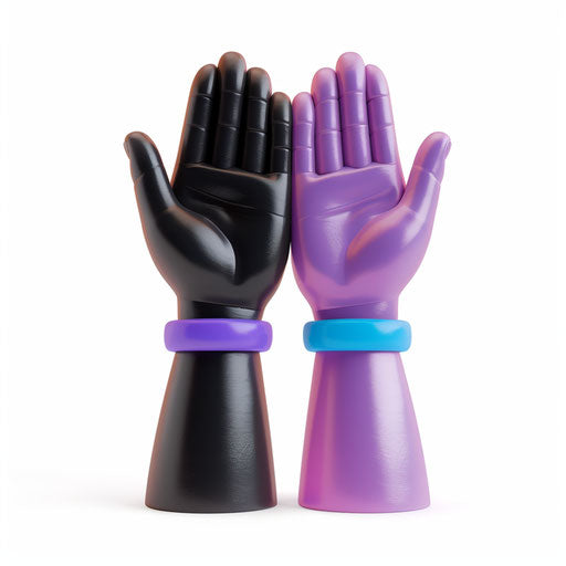 3D symbol of two hands high five, one black and the other purple with blue band on wrist, white background, colorful