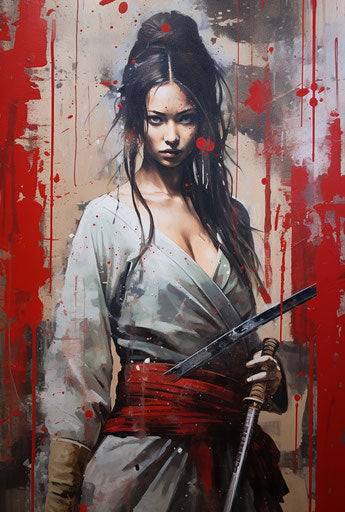 Samurai women with sword on canvas, rone style, light grey and red