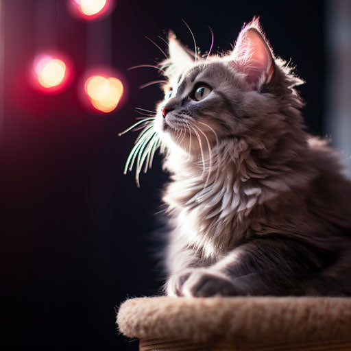Cat on a scratching post looking up, light maroon and gray style, cute and dreamy