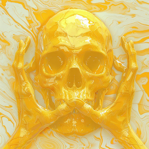 Yellow skull with hands and feet on white background, meme art