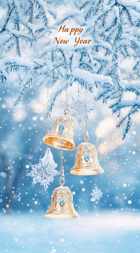 Winter bells under snow against azure backdrop