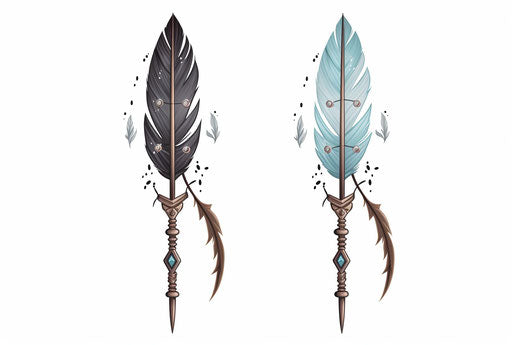 Two blue indian arrows with feathers, black and white drawing style