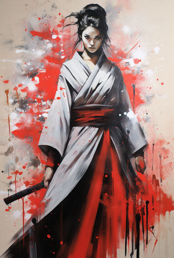 Woman with samurai sword in dystopian realism style