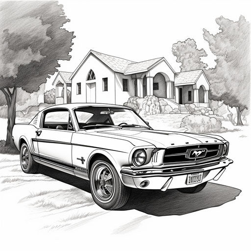 Black and white Ford Mustang drawing with nostalgic charm