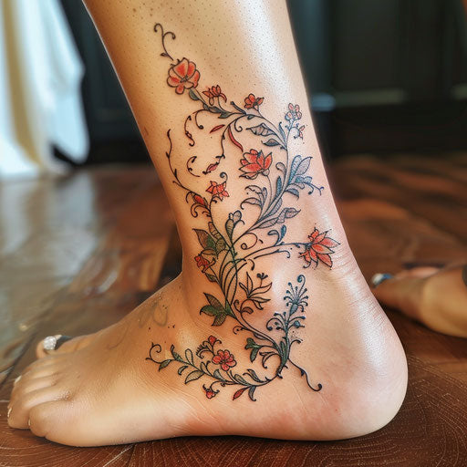 Ankle tattoos in the style of Maria Sibylla Merian with detailed floral vine