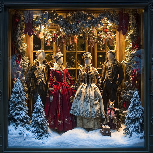 Festive boutique window display with mannequins and snowy decor