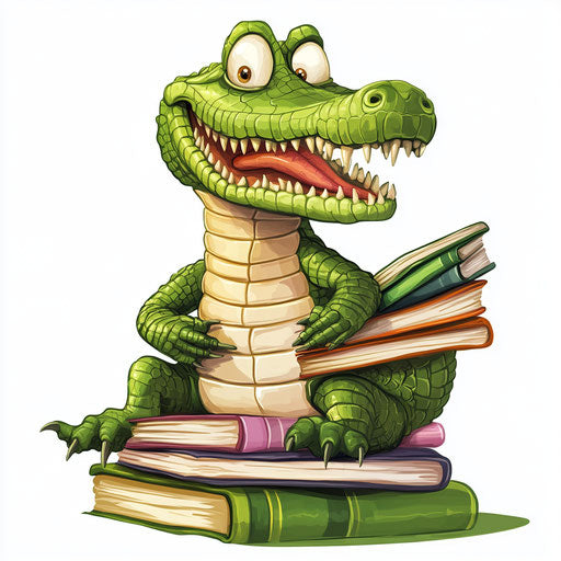 Humorous caricature of a crocodile with human characteristics and exaggerated pointed nose