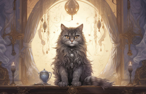 Gray cat on table, Tony Diterlizzi style, ages show, light purple and light brown, Persian miniature