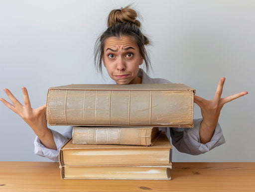 Young woman holding two large books with outstretched hand