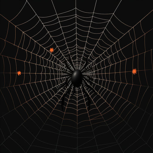 Black spider on web, minimalist black/white drawing style