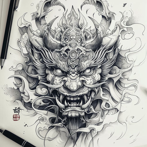 Flat sketch of a Japanese demon with ornate horns and fierce gaze