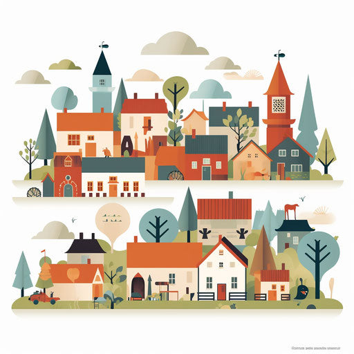 Minimalist village on white background