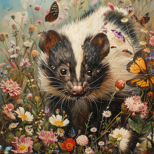 An eastern spotted skunk in a field of wildflowers