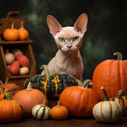Devon Rex cat resting with pumpkins