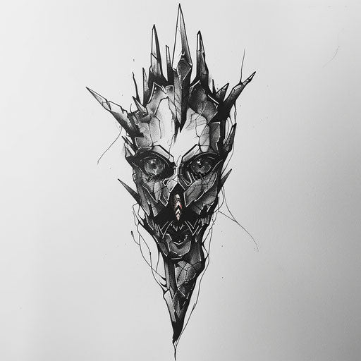 Bold and dark flat tattoo sketch with obsidian shards emerging from the skin
