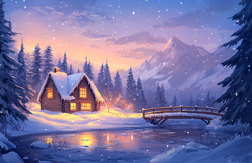 Christmas house in snow with lights on inside and outside