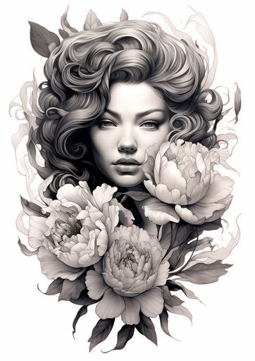 Portrait of peony flower in black and white style, tattoo-inspired