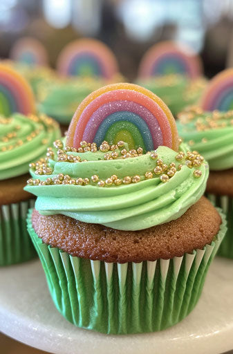 St. Patrick's Day cupcakes with green frosting and rainbow candy