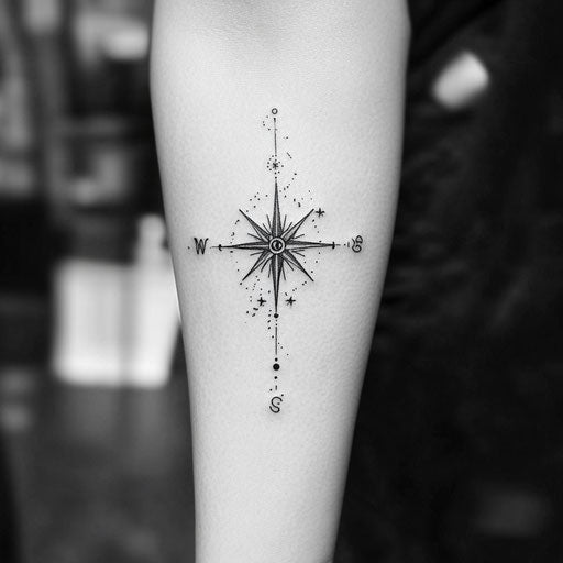 Minimalist tattoo design: black compass for forearm