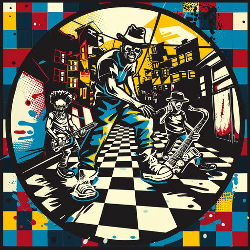 Ska band logo with fun, checkerboard fonts and lively street background