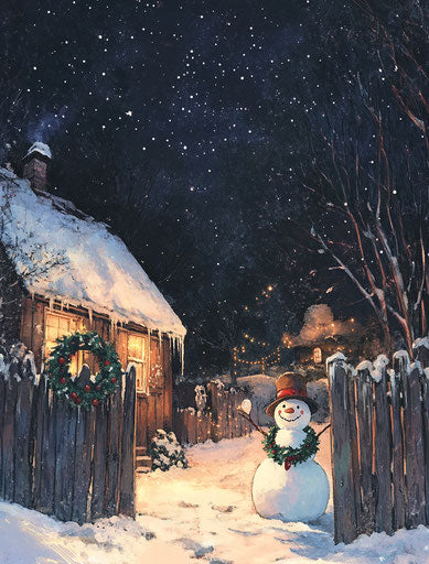 Winter joy near snow-covered fence at night