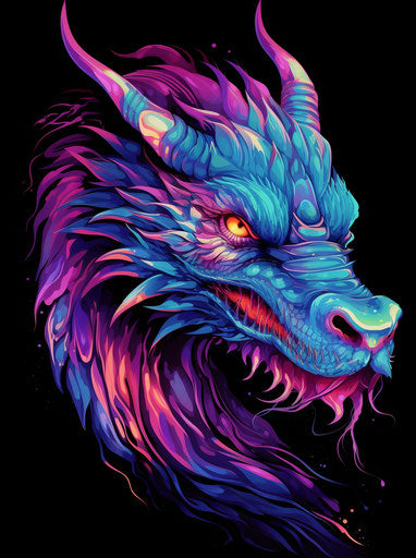 Blue and purple dragon, frenetic line work, black and pink