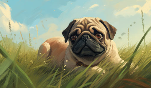A pug lying in a field with a long tail