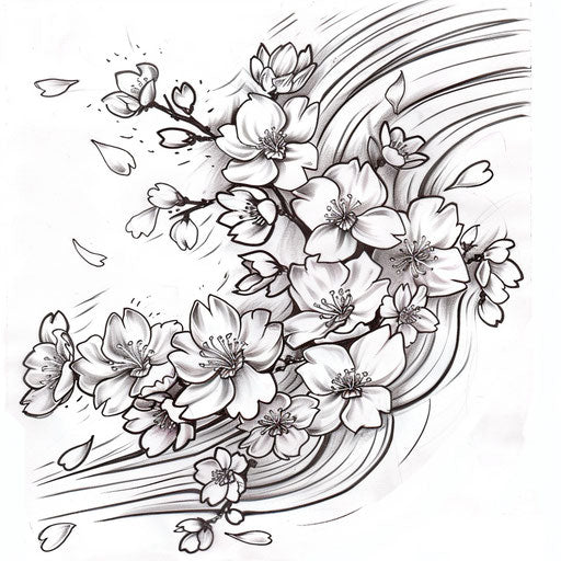 Energetic flat tattoo sketch of sakura blossoms in a dynamic, wind-swept arrangement