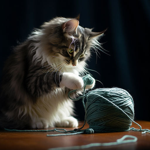 Norwegian forest cat playing with yarn