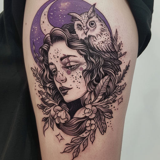 Eerie flat tattoo sketch of Venus with an owl at night