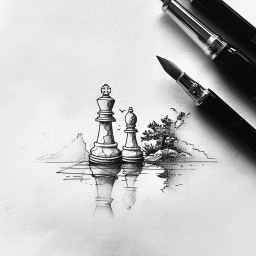 Minimalist tattoo sketch of a zen chess set in soft gray