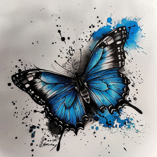 Blue butterfly with black and grey ink splatters