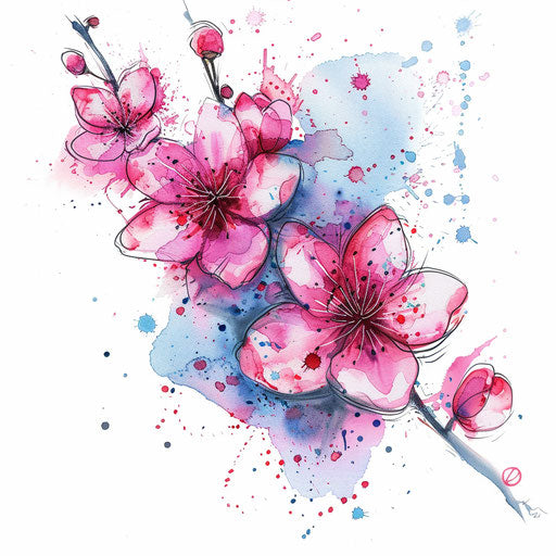 Ethereal cherry blossom tattoo design with watercolor splashes on flawless white background