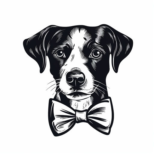 Black and white logo for dog with bow tie
