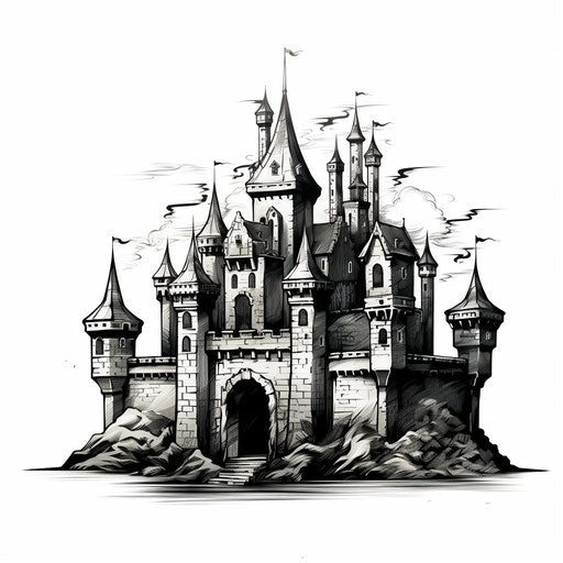 Castle in Chiaroscuro Art style, on white background