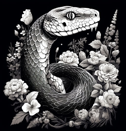 Enchanted serpent in black and white, exotic realism style