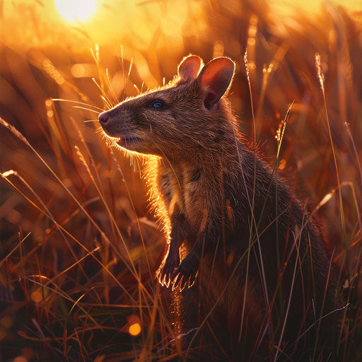 Northern brown bandicoot standing in a field of tall grass at sunset