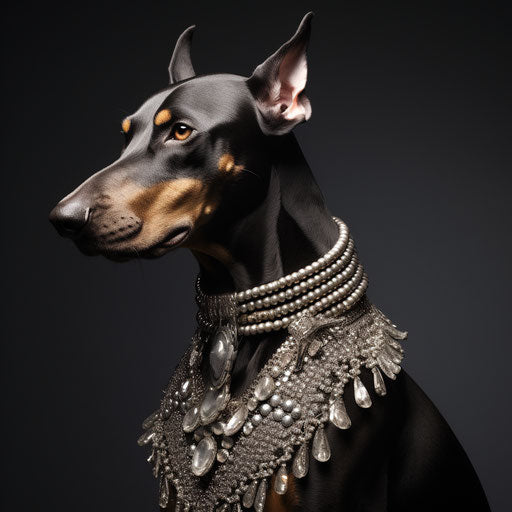 Elegant doberman in sparkly baroque-punk style