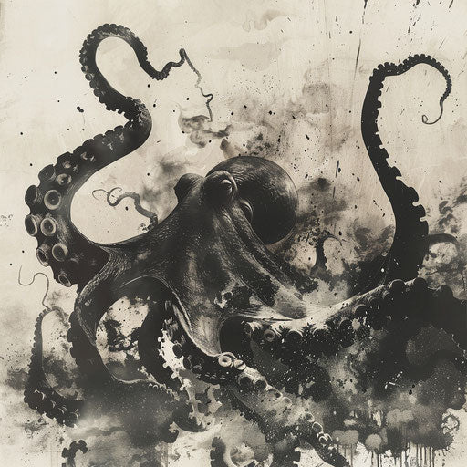 A dramatic scene of an octopus escaping a shark