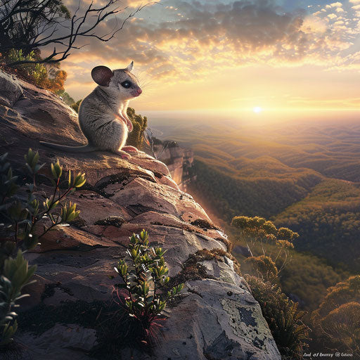 The mountain pygmy possum on a rocky outcrop at sunset