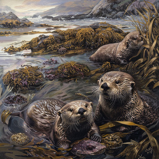 Sea otters in a tidal pool, interacting with various marine species