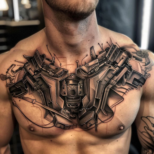 Male chest tattoo with cybernetic elements, Adrian Smith style